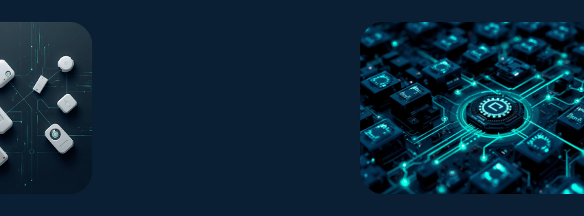 Split view of connected IoT sensor devices on the left and a glowing AI processing chip embedded in a circuit board on the right